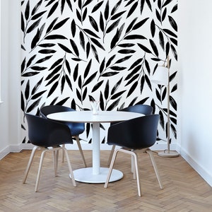 Black and white leaf pattern wallpaper, peel and stick removable wallpaper, self adhesive temporary wallpaper roll, wall decor