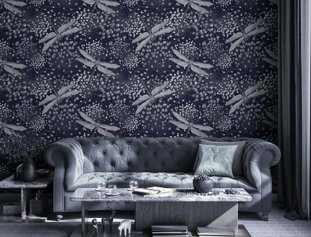 Flower and Dragonfly Wallpaper, Dark Wall Mural, Peel and Stick, Vinyl