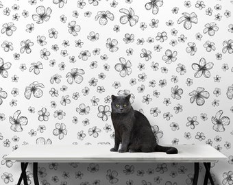Peel and stick wallpaper with little black flowers, floral wall mural, temporary removable wallpaper, floral wall decor, home decor