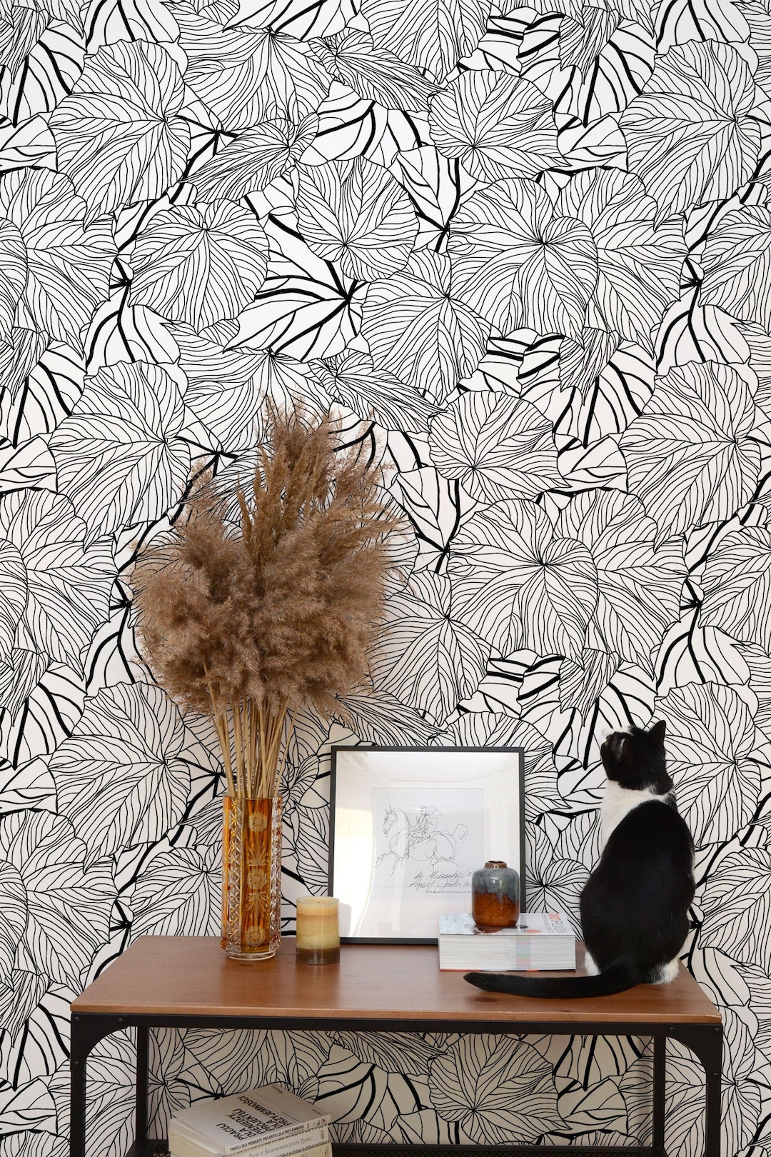 Leaves Line Art Wallpaper, Black & White Botanical Pattern, Peel and ...