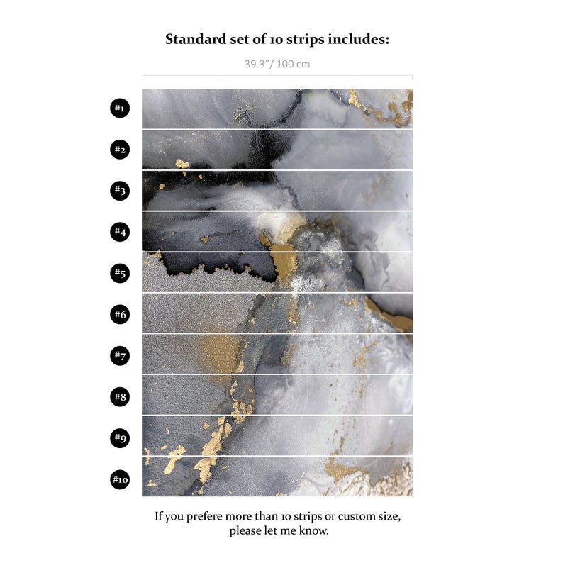 Puede incluir: Un conjunto de 10 tiras de papel tapiz con un dise&ntilde;o abstracto en tonos negros, grises y dorados. Las tiras miden 39,3 pulgadas de largo y 100 cm de ancho. La imagen muestra las tiras numeradas del 1 al 10.