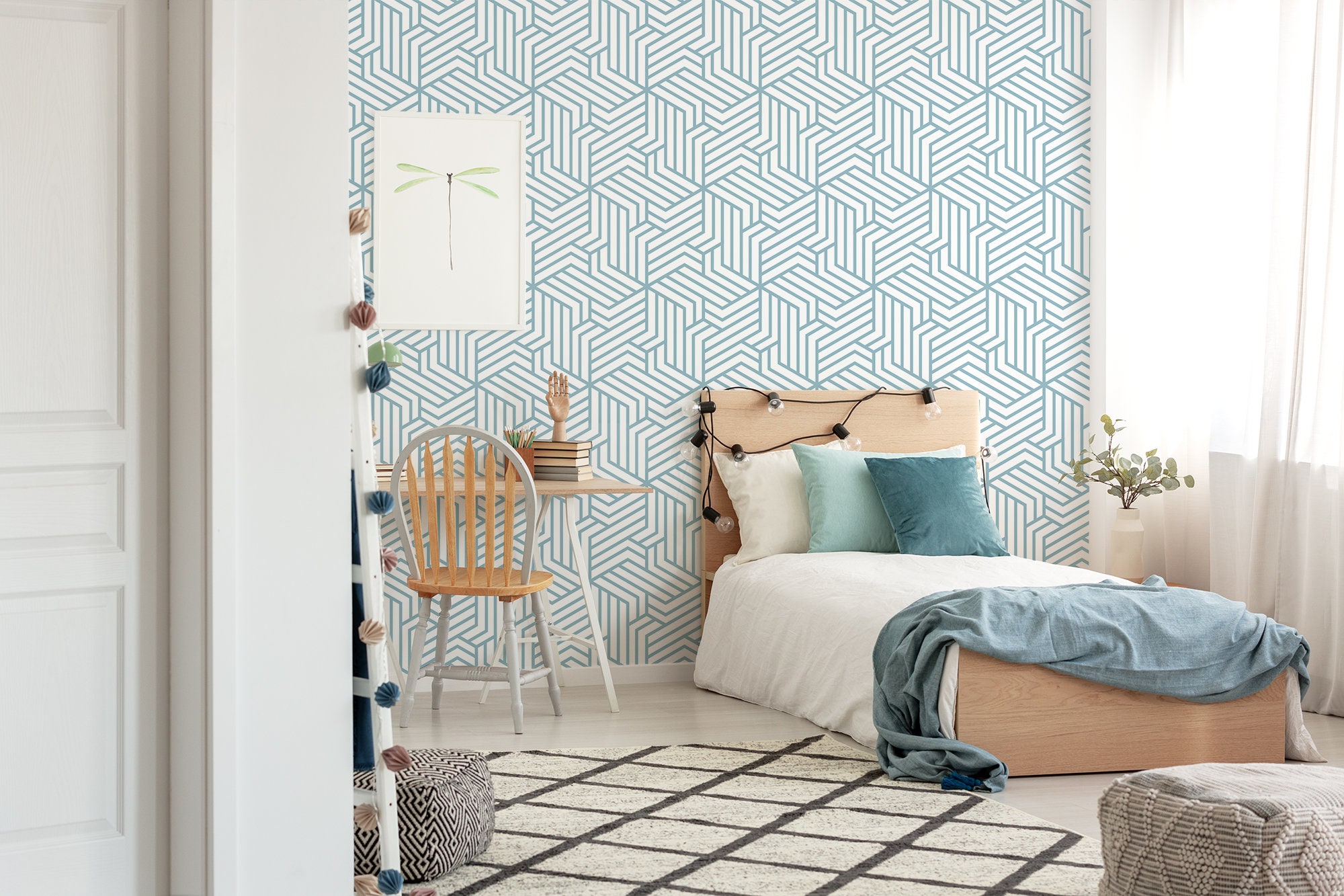 Wallpaper With Blue Geometric Pattern, Peel and Stick Wall Mural ...