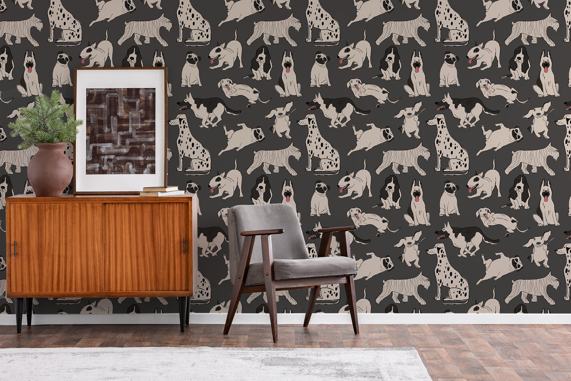 Funny dogs wallpaper peel and stick wall mural removable | Etsy