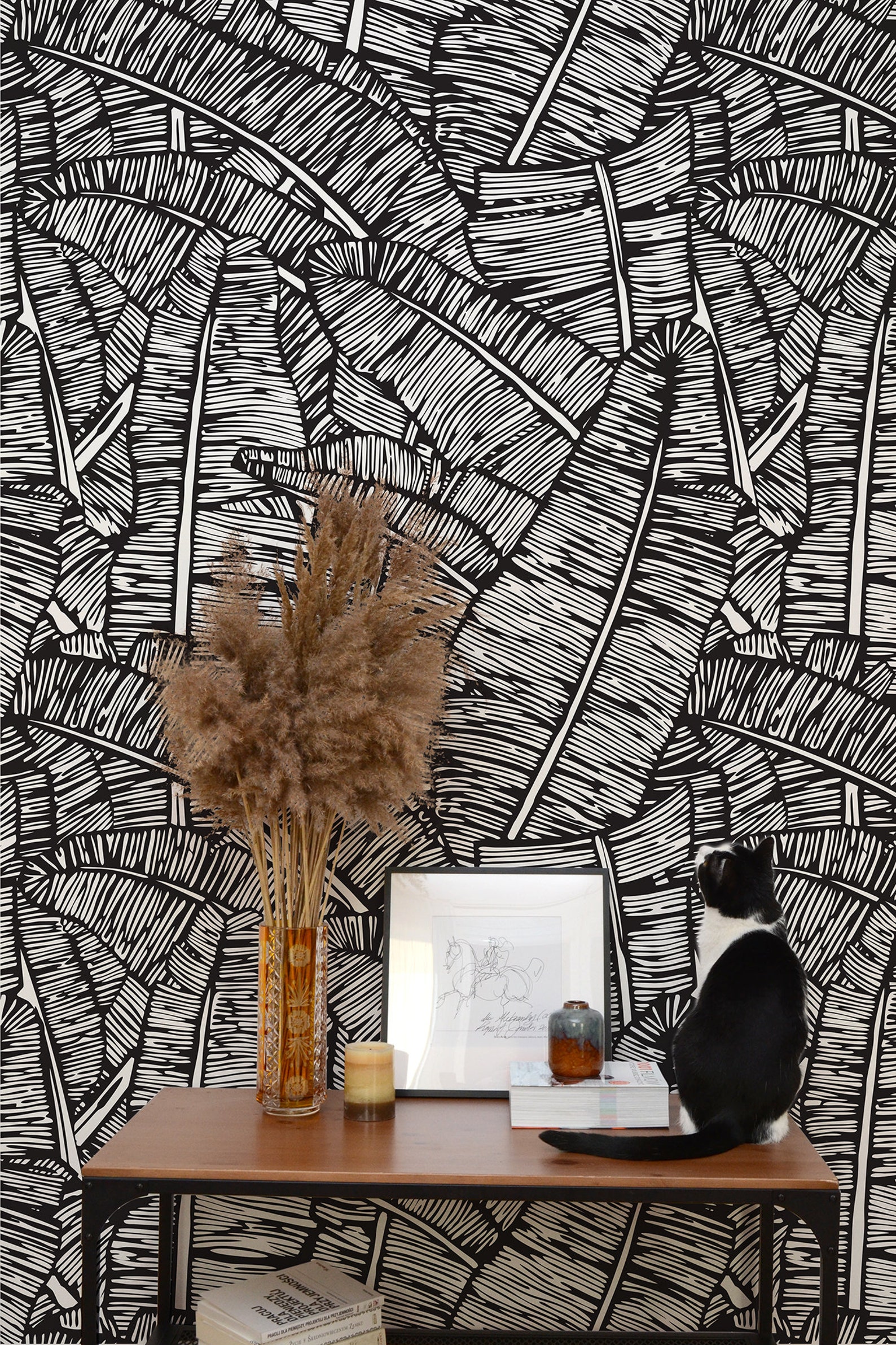 Black Banana Leaf Wallpaper Peel and Stick Wall Mural Etsy