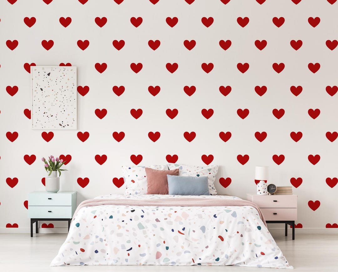 Romantic Heart Wallpaper, Home Decor, Valentine's Day Wall Decor, Peel