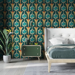 Carta da parati verde geometrica, carta da parati anni '70, motivo astratto, stacca e incolla, vinile, decorazione murale, carta da parati rimovibile o tradizionale