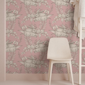Grafische Blumentapete, Hasen- und Blumentapete, abziehen und aufkleben, Vinyl, Wanddekoration, abnehmbare oder traditionelle Tapete