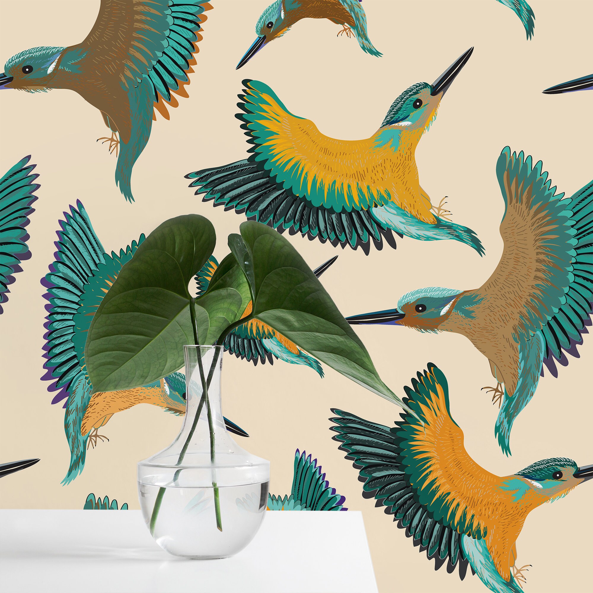 Yellow Birds Wallpaper Removable Wallpaper Pattern With Etsy