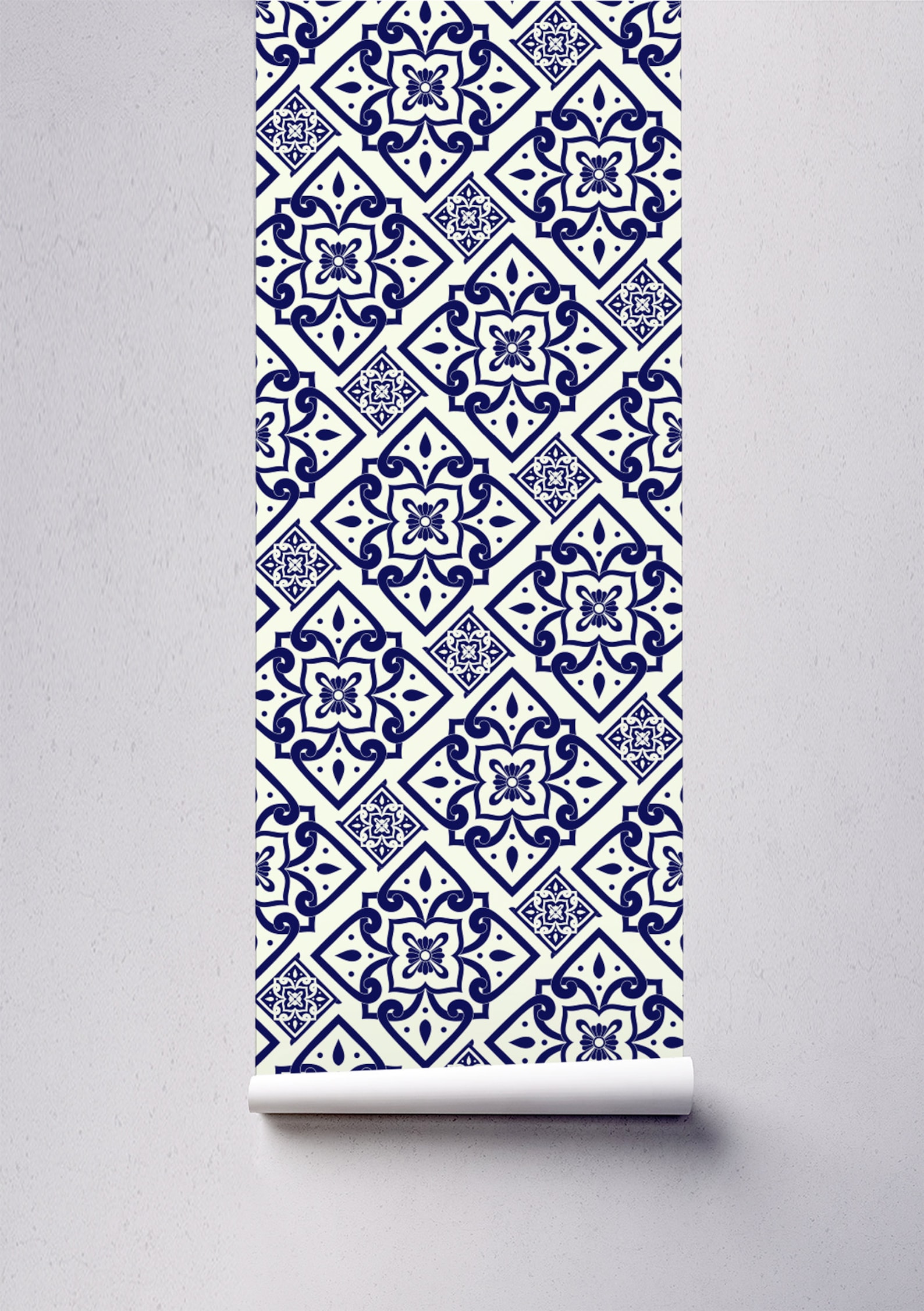 Blue spanish tile geometric wallpaper repositionable peel and | Etsy