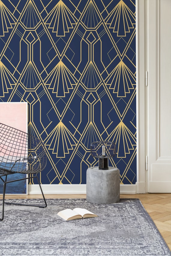 Blue Elegant Art Deco Wallpaper, Wall Mural, Repositionable, Peel and  Stick, Abstract Geometric Wallpaper, Wall Decor 