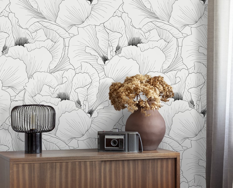 Black & white floral mural peel and stick wallpaper | Etsy