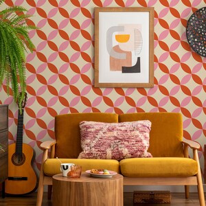 Carta da parati retrò arancione, motivo geometrico, carta da parati degli anni '70, stacca e incolla, vinile, decorazione murale, carta da parati rimovibile o tradizionale