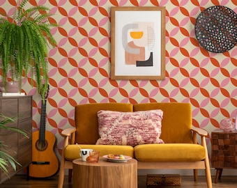 Orange retro wallpaper, geometric pattern, 1970s wallpaper, peel and stick, vinyl, wall decor, removable or traditional wallpaper