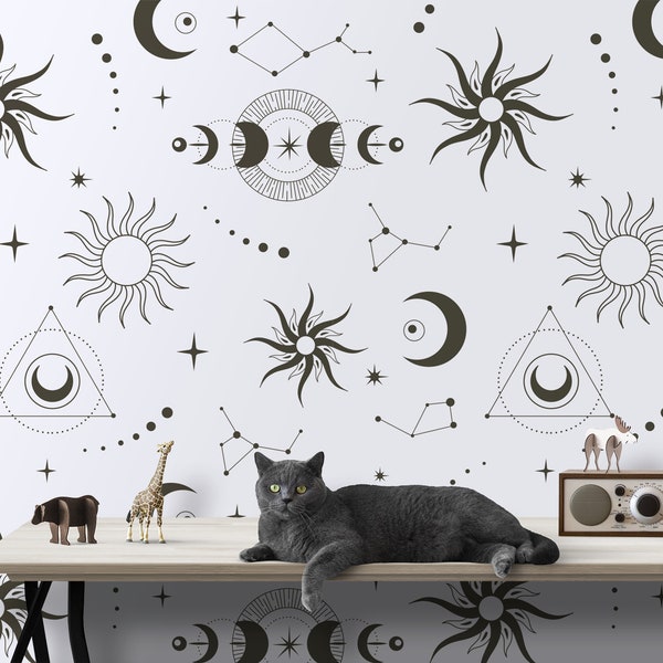 Celestial pattern wallpaper, sun and moon, esoteric wallpaper, peel and stick, vinyl, wall decor, removable or traditional wallpaper