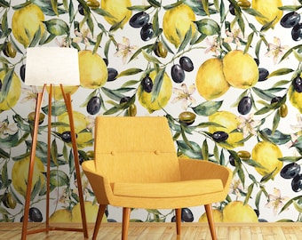 Lemon and olive wallpaper, repositionable peel and stick wallpaper, temporary removable wallpaper, wall decor
