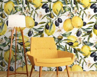 Lemon and olive wallpaper, repositionable peel and stick wallpaper, temporary removable wallpaper, wall decor