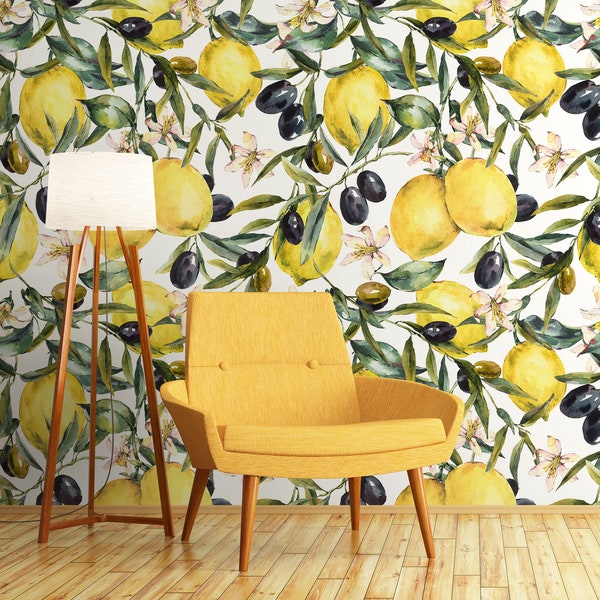 Lemon and olive wallpaper, repositionable peel and stick wallpaper,  temporary removable wallpaper, wall decor