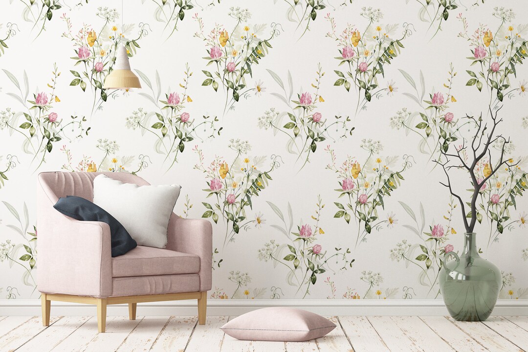 Floral Bouquet Wallpaper, Meadow Flowers Pattern Wallpaper, Peel and ...