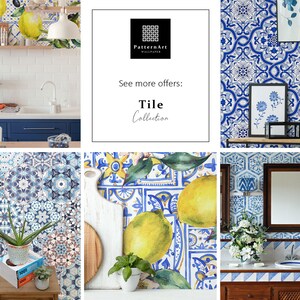 May include: A collage of images showcasing different styles of blue and white tile wallpaper. The wallpaper features intricate patterns and designs, including lemons, flowers, and geometric shapes. The text "See more offers: Tile Collection" is displayed in the center of the collage.