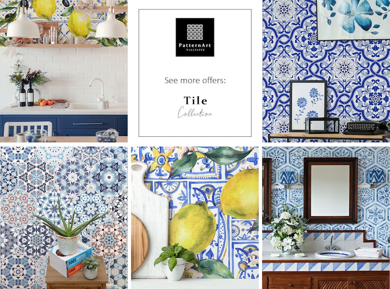 May include: A collage of images showcasing different styles of blue and white tile wallpaper. The wallpaper features intricate patterns and designs, including lemons, flowers, and geometric shapes. The text "See more offers: Tile Collection" is displayed in the center of the collage.