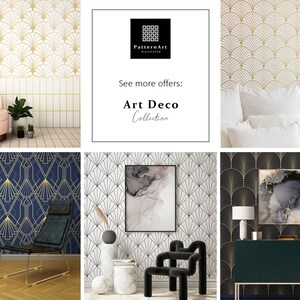 Op de afbeelding: Een collage van afbeeldingen die verschillende Art Deco behangontwerpen laten zien. De ontwerpen bevatten geometrische patronen in goud en zwart op witte en blauwe achtergronden. De afbeeldingen bevatten verschillende interieurontwerpelementen, zoals stoelen, tafels en lampen.