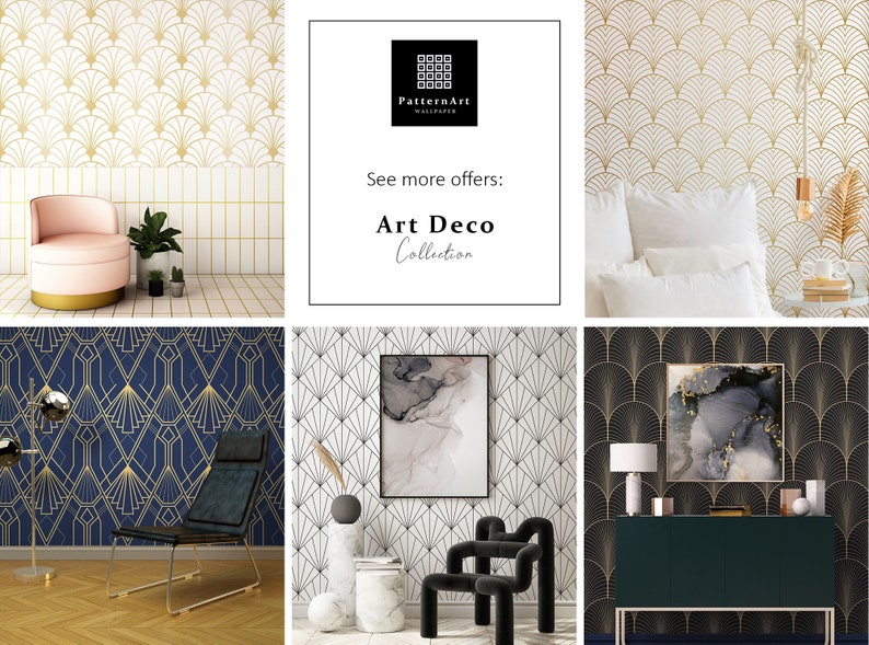 Op de afbeelding: Een collage van afbeeldingen die verschillende Art Deco behangontwerpen laten zien. De ontwerpen bevatten geometrische patronen in goud en zwart op witte en blauwe achtergronden. De afbeeldingen bevatten verschillende interieurontwerpelementen, zoals stoelen, tafels en lampen.