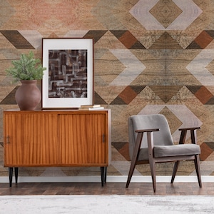 Geometrische Tapete mit Holzmosaik, Wandbild zum Abziehen und Aufkleben, handgemaltes Tiermuster, abnehmbare Tapete, Heimdekoration