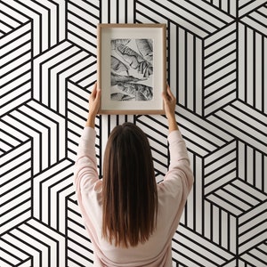 Black lines wallpaper, black and white pattern, peel and stick wallpaper, geometric removable wallpaper, wallpaper roll, wall decor