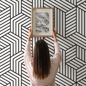 Tapete mit schwarzen Linien, schwarz-weißes Muster, Tapete zum Abziehen und Aufkleben, geometrische abnehmbare Tapete, Tapetenrolle, Wanddekoration