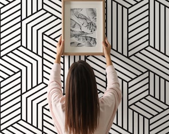 Black lines wallpaper, black and white pattern, peel and stick wallpaper, geometric removable wallpaper, wallpaper roll, wall decor