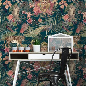 Indian jungle wallpaper, Ganesha, tiger & monkey, peel and stick removable wallpaper, self adhesive temporary wallpaper roll, wall decor image 3