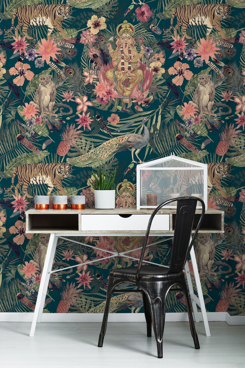 Indian jungle wallpaper, Ganesha, tiger & monkey, peel and stick removable wallpaper, self adhesive temporary wallpaper roll, wall decor image 3