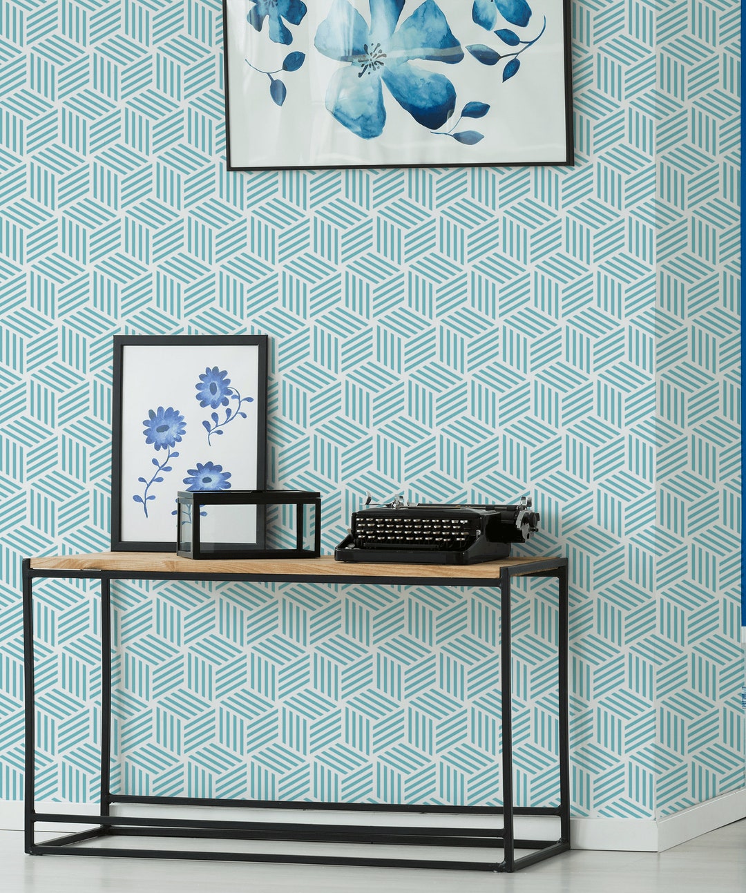 Geometric Wallpaper With Blue Pattern, Peel and Stick Abstract Wall ...