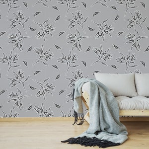 Gray botanical wallpaper, leaf print, peel and stick, vinyl, wall decor, removable or traditional wallpaper