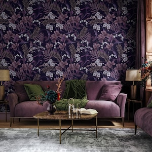 Dunkelviolette botanische Tapete, Wildblumen-Wandbild, abziehen und aufkleben, Vinyl, Wanddekoration, abnehmbare oder traditionelle Tapete