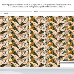 Peut inclure: Un papier peint avec un motif r&eacute;p&eacute;titif de feuilles vertes et de l&eacute;opards orange et blancs. Le papier peint est divis&eacute; en panneaux de 58,4 cm &agrave; 115 cm de large pour une installation plus facile. Le nombre et la largeur des panneaux d&eacute;pendent de la taille du papier peint.