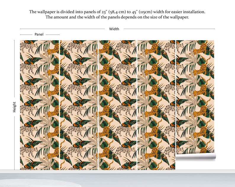 Peut inclure: Un papier peint avec un motif r&eacute;p&eacute;titif de feuilles vertes et de l&eacute;opards orange et blancs. Le papier peint est divis&eacute; en panneaux de 58,4 cm &agrave; 115 cm de large pour une installation plus facile. Le nombre et la largeur des panneaux d&eacute;pendent de la taille du papier peint.