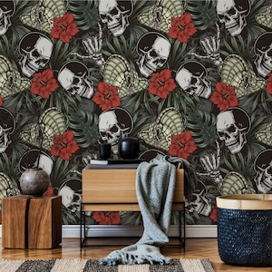 Dark tropical wallpaper with skulls and snakes, peel and stick removable wallpaper, self adhesive temporary wallpaper roll, wall decor
