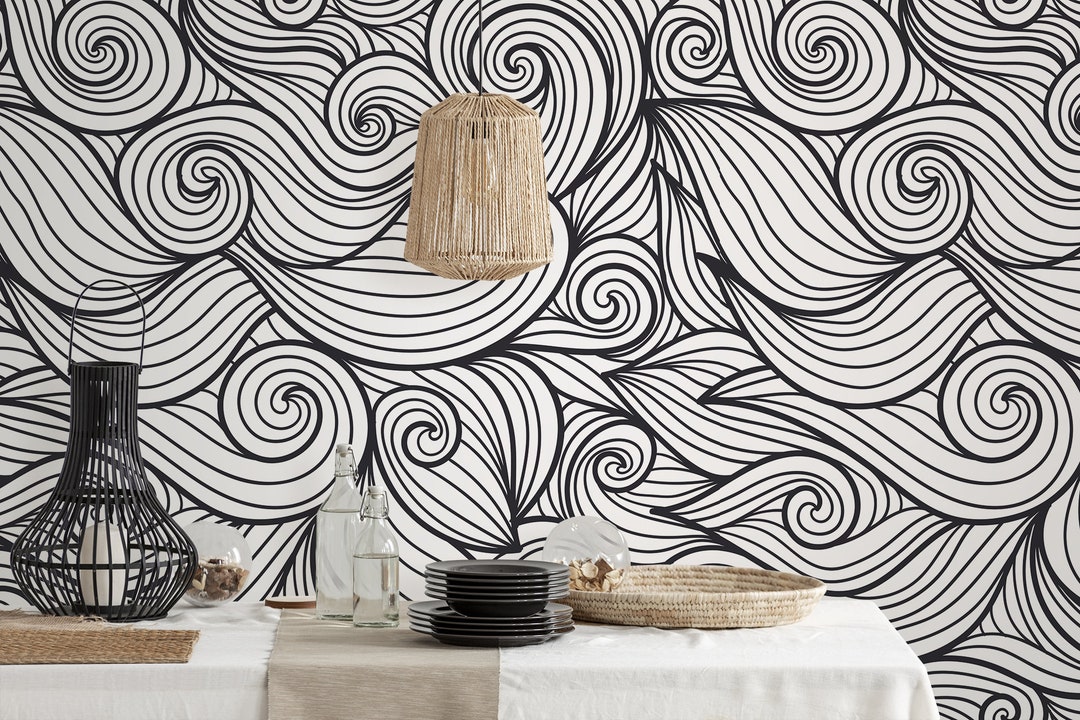 Abstract Waves Self Adhesive Wallpaper, Minimalistic Black and White ...