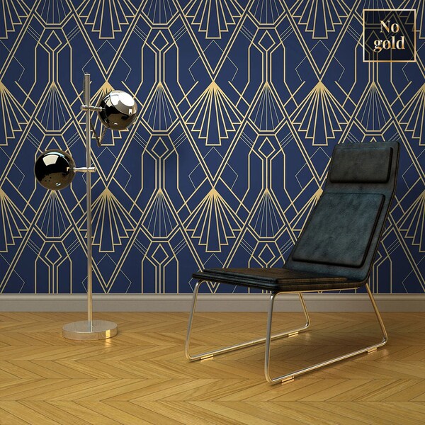 Blue elegant art deco wallpaper, wall mural, repositionable, peel and stick, abstract geometric wallpaper, wall decor