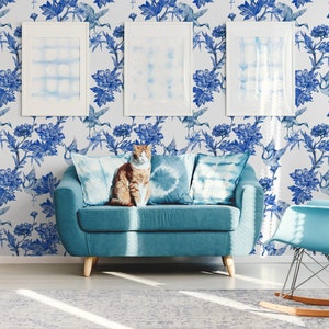Birds and flowers wallpaper, blue botanical wallpaper, peel and stick, temporary wallpaper, wall decor, removable or traditional wallpaper