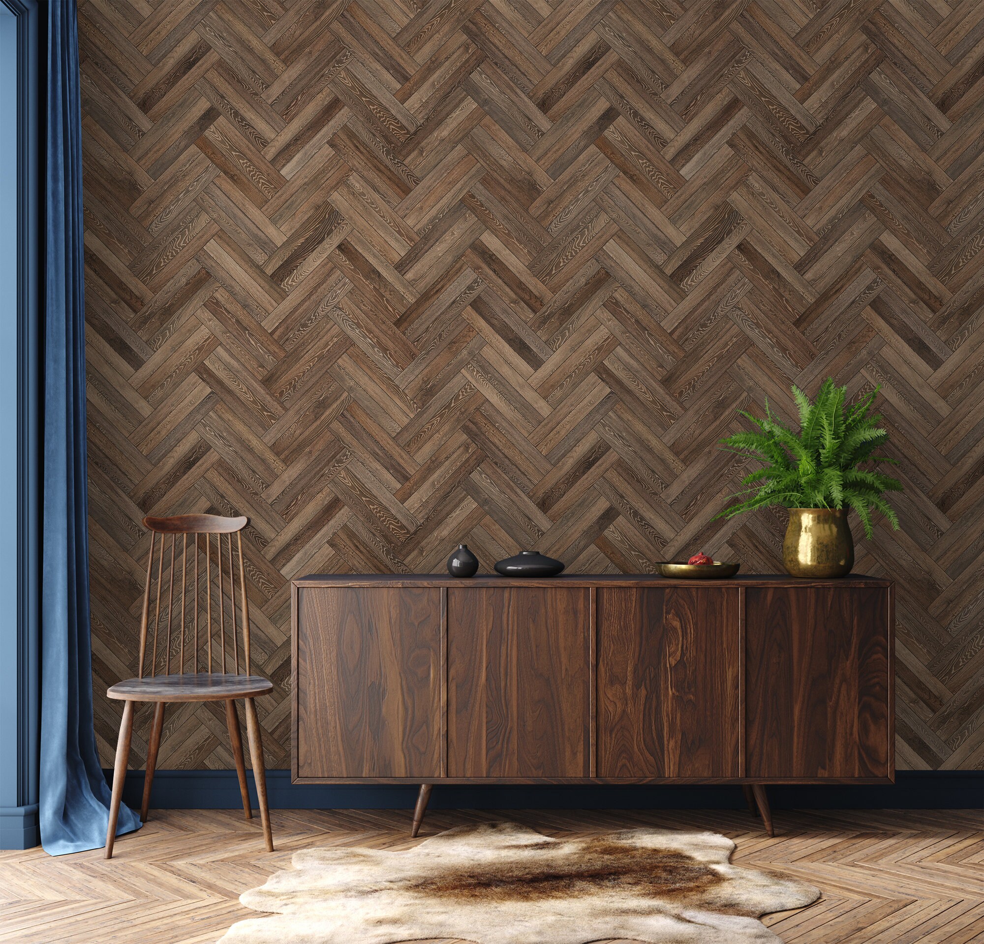 Dark Wood Herringbone Wallpaper, Peel and Stick Wallpaper Roll ...