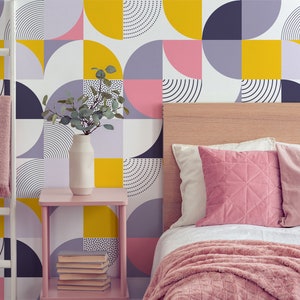 Carta da parati geometrica retrò, motivo colorato, carta da parati stacca e incolla, vinile, decorazione murale, carta da parati rimovibile o tradizionale