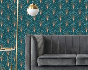 Art deco wallpaper, dark turquoise wallpaper, repositionable, peel and stick, abstract geometric wallpaper, wallpaper roll, wall decor