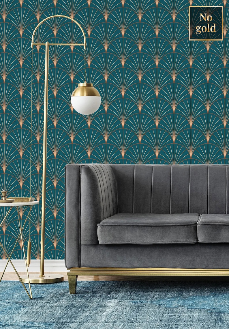 Art Deco Wallpaper Dark Turquoise Wallpaper Repositionable Etsy