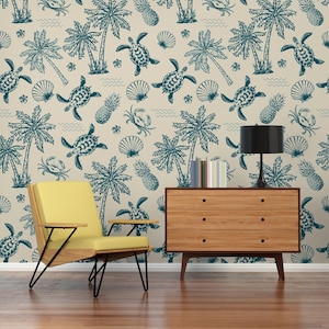 Beige tropical wall mural, sea turtle wallpaper, floral home decor, peel and stick or vinyl, wall decor, removable or traditional wallpaper