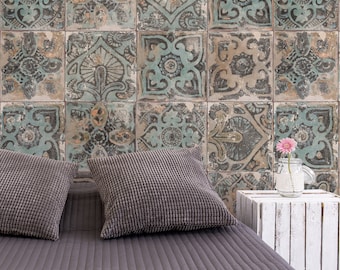 Moroccan vintage tile wallpaper, repositionable peel and stick wallpaper, tile design, temporary removable wallpaper, wall decor