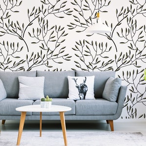 Black and white wallpaper with branches, peel and stick floral wallpaper, leaf removable wall mural, temporary wallpaper, home decor