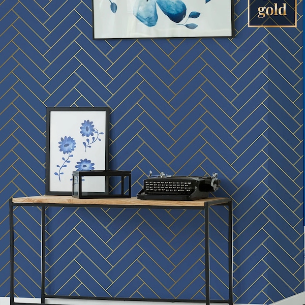Blue Herringbone Wallpaper Etsy