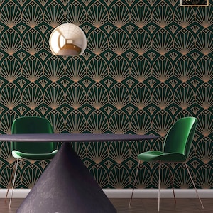 Carta da parati Art Déco, murale verde scuro, riposizionabile, stacca e incolla, carta da parati geometrica astratta, rotolo di carta da parati, decorazione murale